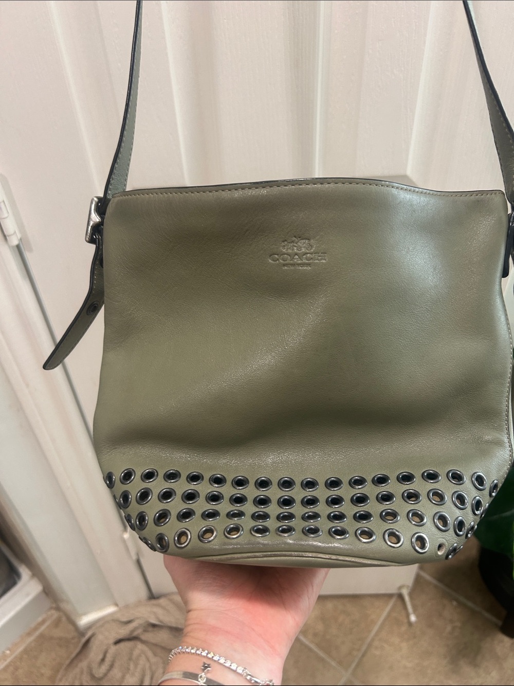 Coach Olive Green Leather Shoulder Bag with Grommet Detail